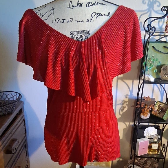 Adrianna Papell Red Ruffled Blouse - Picture 1 of 11